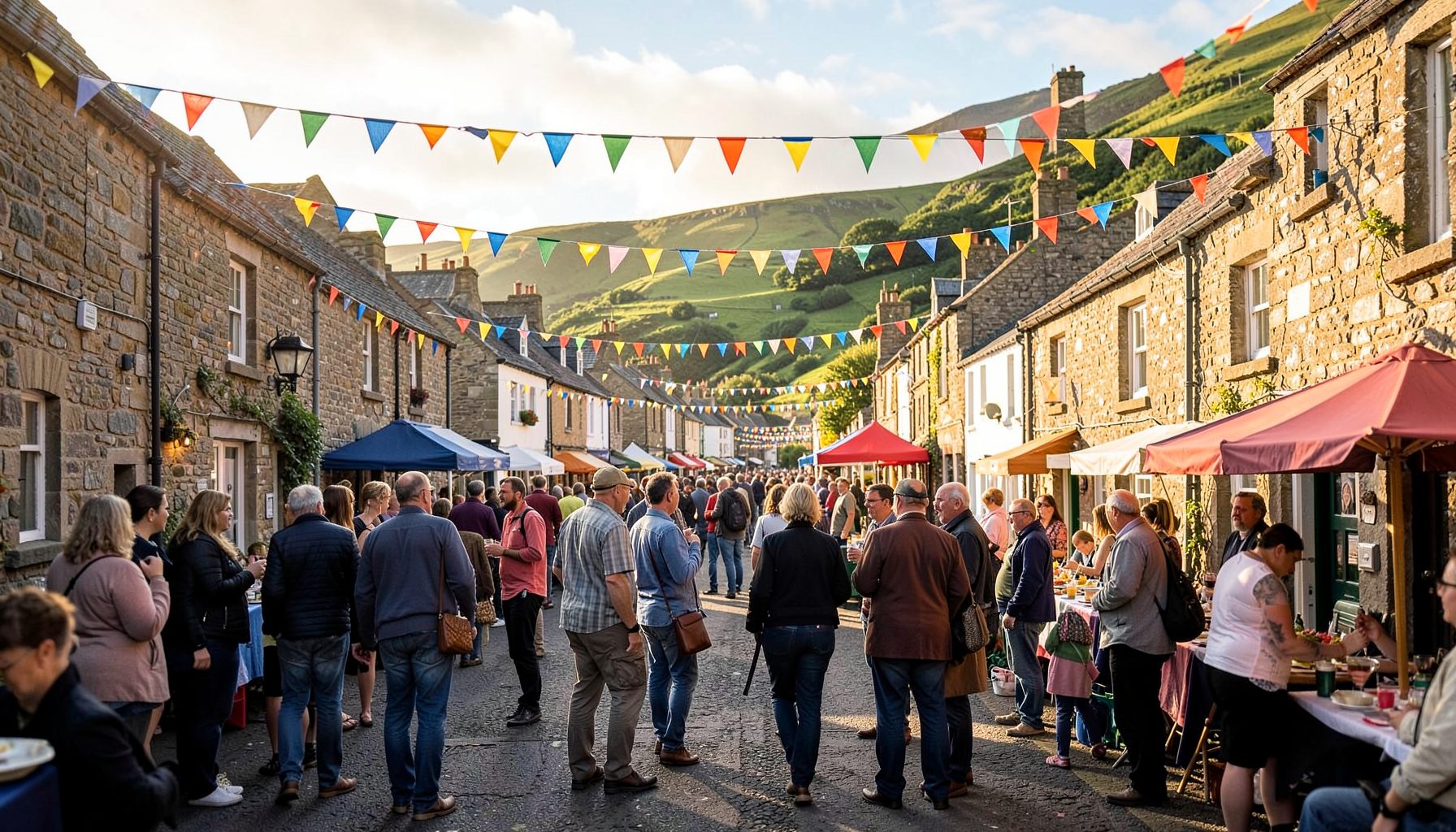 A lively outdoor festival scene on a sunny Irish coastal village street, with colourful bunting strung overhead, warm golden light, and a relaxed crowd enjoying the atmosphere against a backdrop of green hills and stone buildings.
