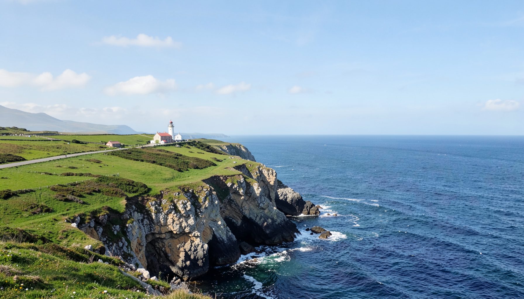 A rugged island landscape with a lighthouse on a cliff edge, green fields, and the open Atlantic stretching to the horizon