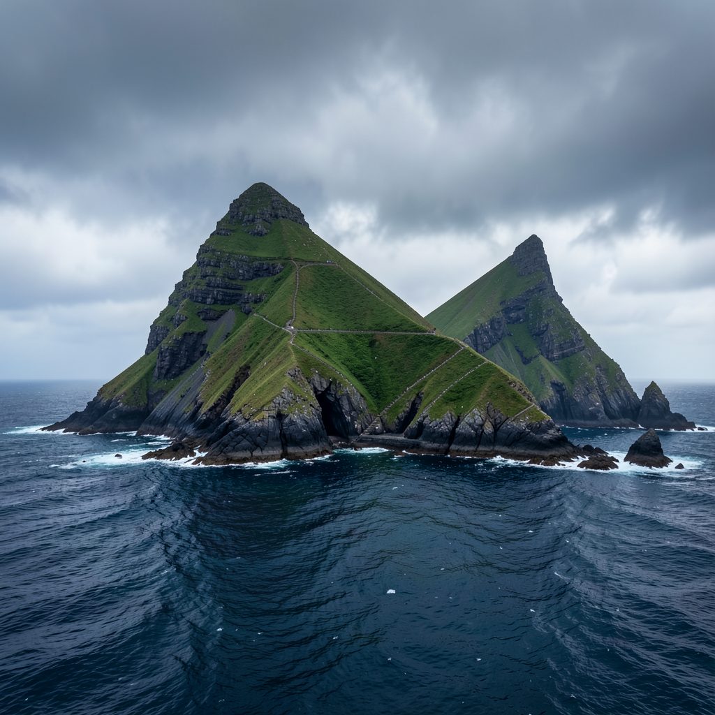 Dramatic twin-peaked rocky island rising from the Atlantic Ocean under a moody grey sky, deep green slopes and ancient stone steps visible on the slopes