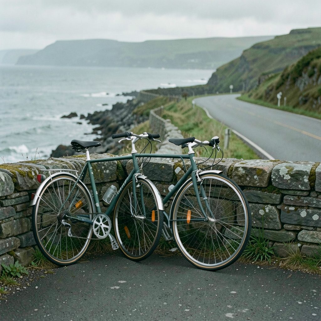 A pair of bicycles leaning against a stone wall on a quiet coastal road, muted green and grey tones, calm rural atmosphere