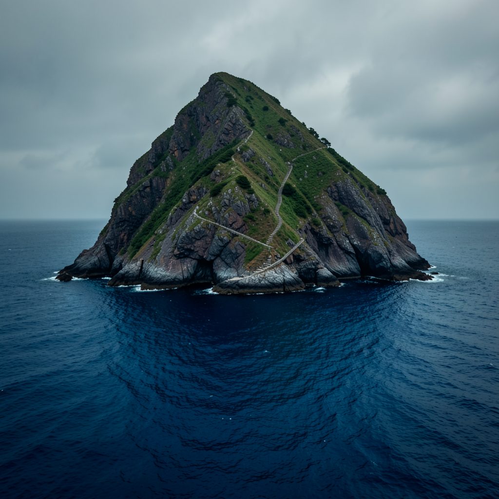 A dramatic rocky island rising steeply from a deep blue sea, monastic stone steps visible along its slope, moody atmospheric grey-green tones
