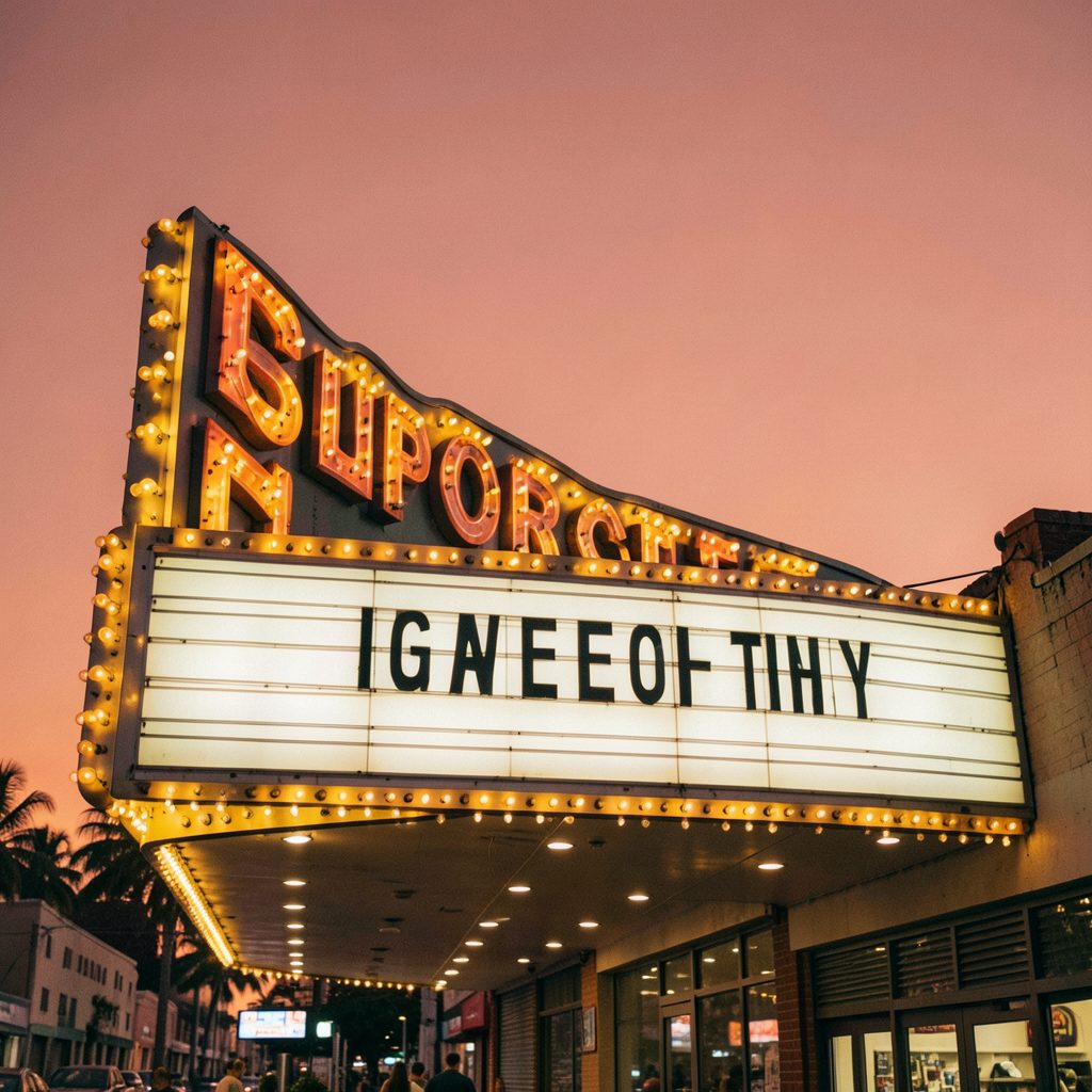 A vintage-style cinema marquee glowing warmly at dusk against a coral sky, nostalgic film festival mood