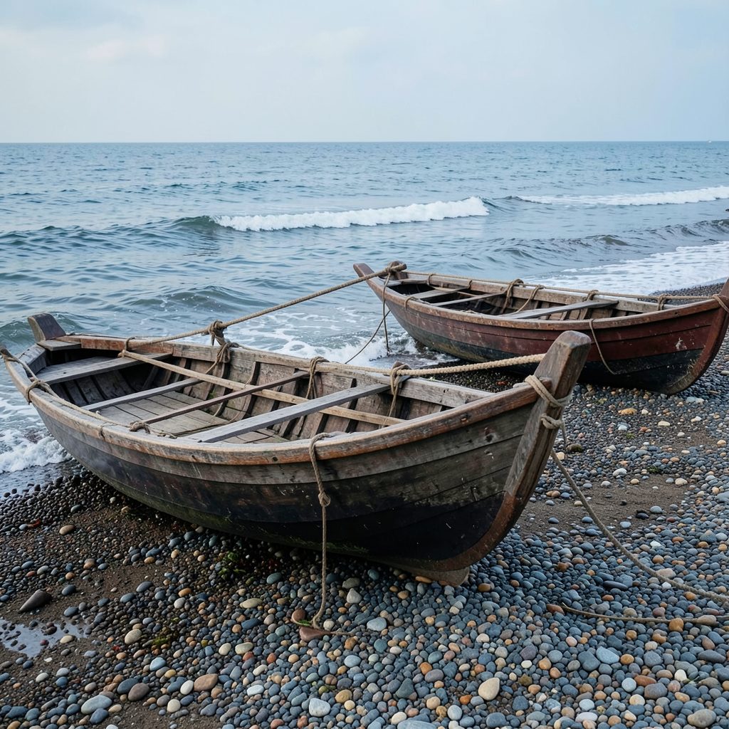Traditional wooden seine boats resting on a pebble beach, muted blues and browns with gentle waves lapping the shore