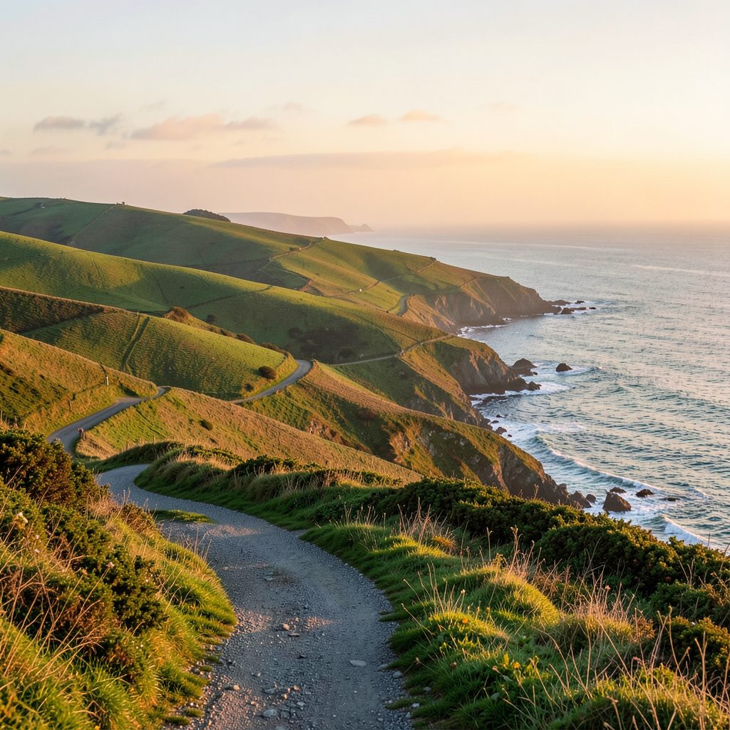 Green rolling hills meeting the sea under soft autumn light, a winding coastal path visible in the foreground