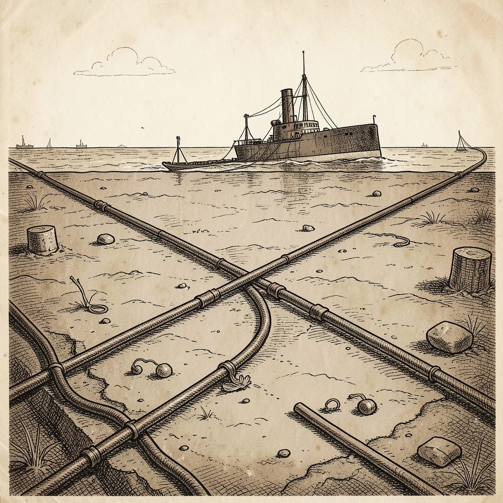 Vintage illustration of a submarine telegraph cable being laid across the ocean floor, sepia tones and nautical theme