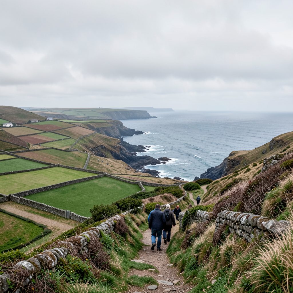 A small group walking along a hillside trail overlooking a rugged coastline, with patchwork fields and stone walls stretching toward the sea under soft grey clouds.