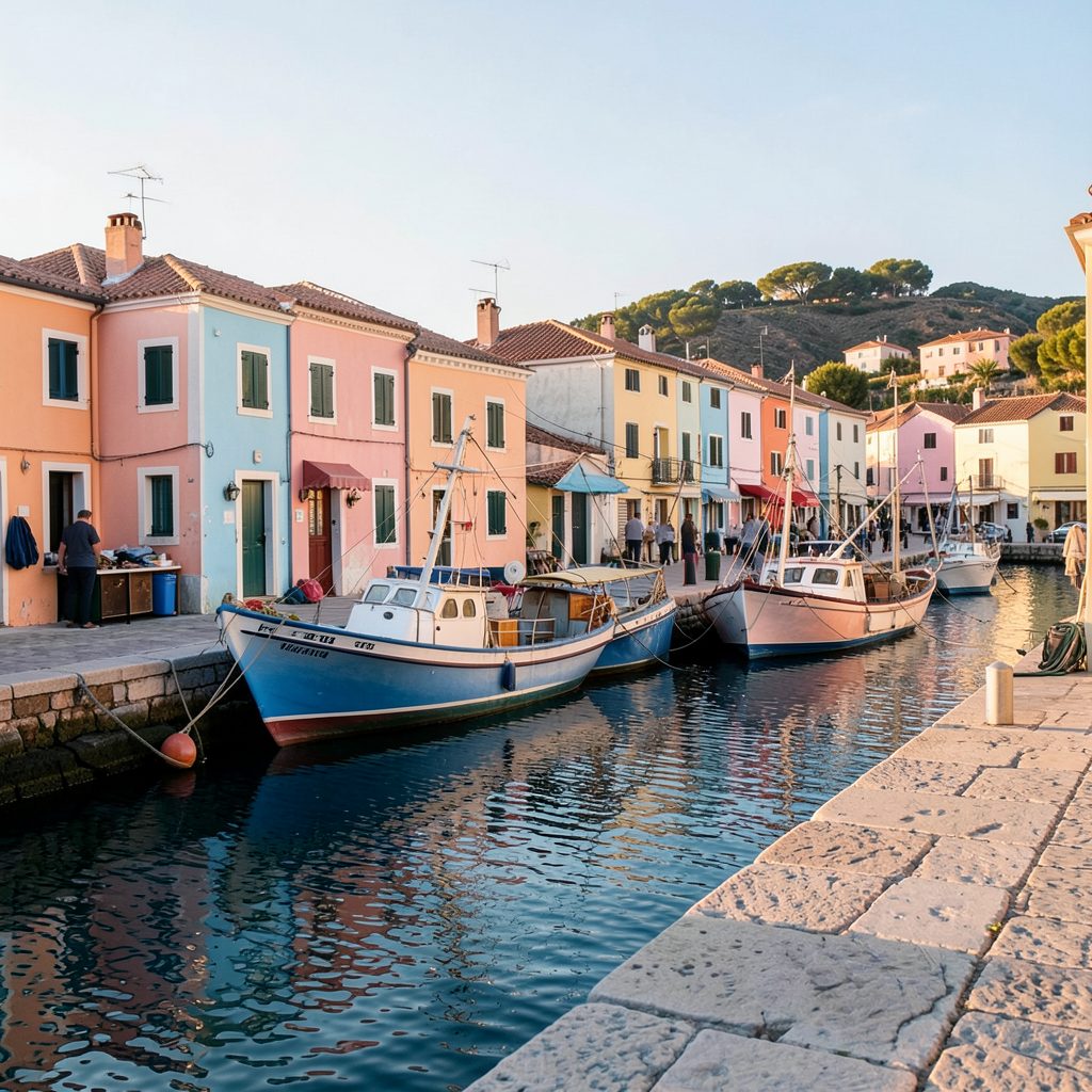 A small pastel-coloured harbour village with fishing boats moored along a stone quay, warm afternoon light and soft coral and blue tones