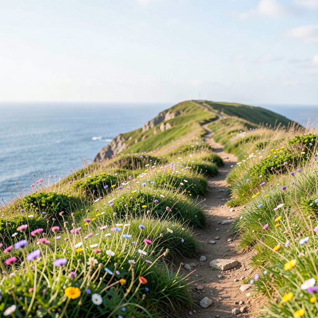 A grassy coastal headland trail with wildflowers and a distant view of the sea, soft natural daylight, peaceful outdoor learning setting
