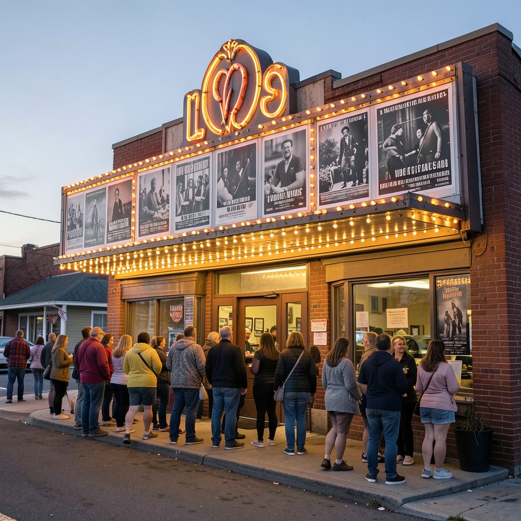 A vintage cinema marquee with warm glowing lights, black-and-white film posters, and a cheerful crowd queuing outside a small-town theatre.
