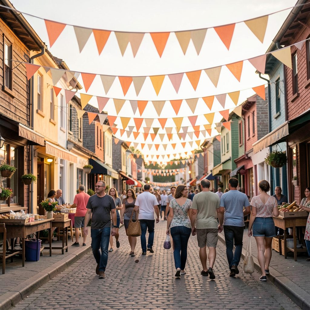 A lively small-town street scene with bunting overhead in warm coral and cream tones, festival atmosphere, soft evening light