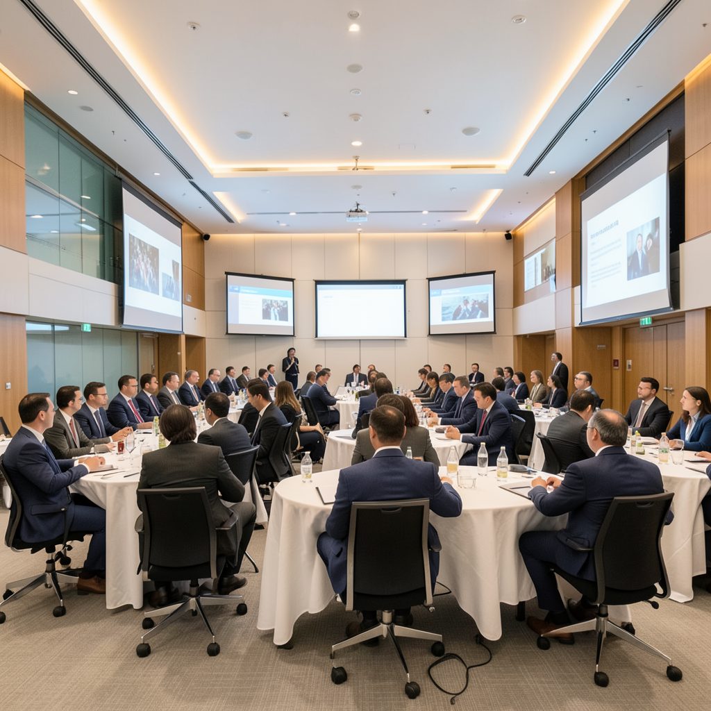Conference delegates gathered in a bright modern hall with presentation screens, warm indoor lighting and a professional atmosphere