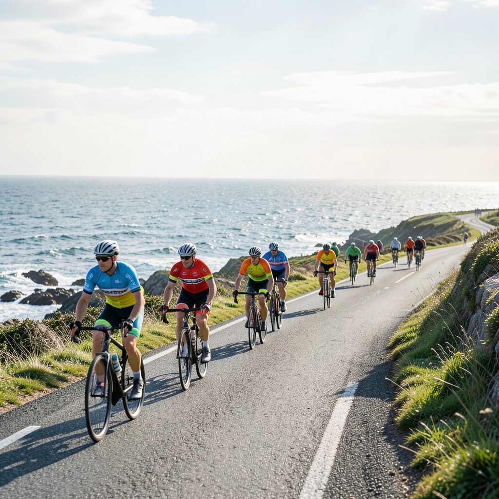 Cyclists in colourful jerseys riding along a winding coastal road, with the Atlantic Ocean glinting in the background under a soft Irish sky.