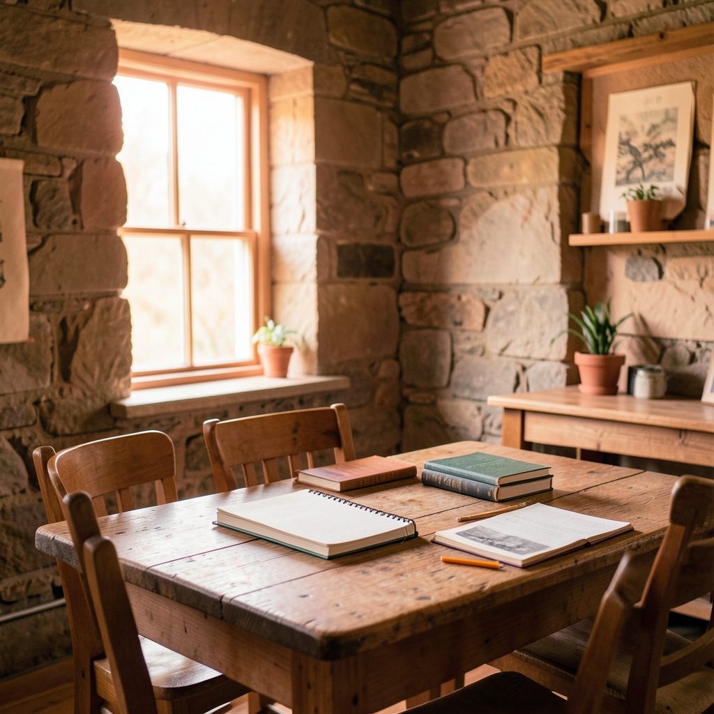 A cosy stone cottage classroom setting with warm peach light through a window, books and a notebook on a wooden table, calm study atmosphere
