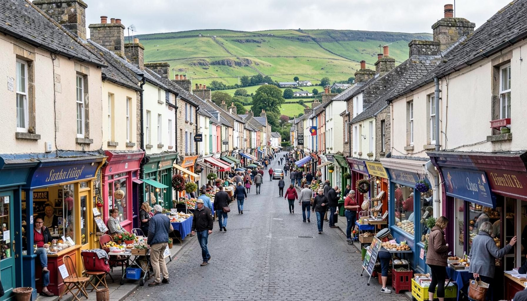 A bustling Irish market town with colourful shopfronts lining a wide main street, set against a backdrop of green hills