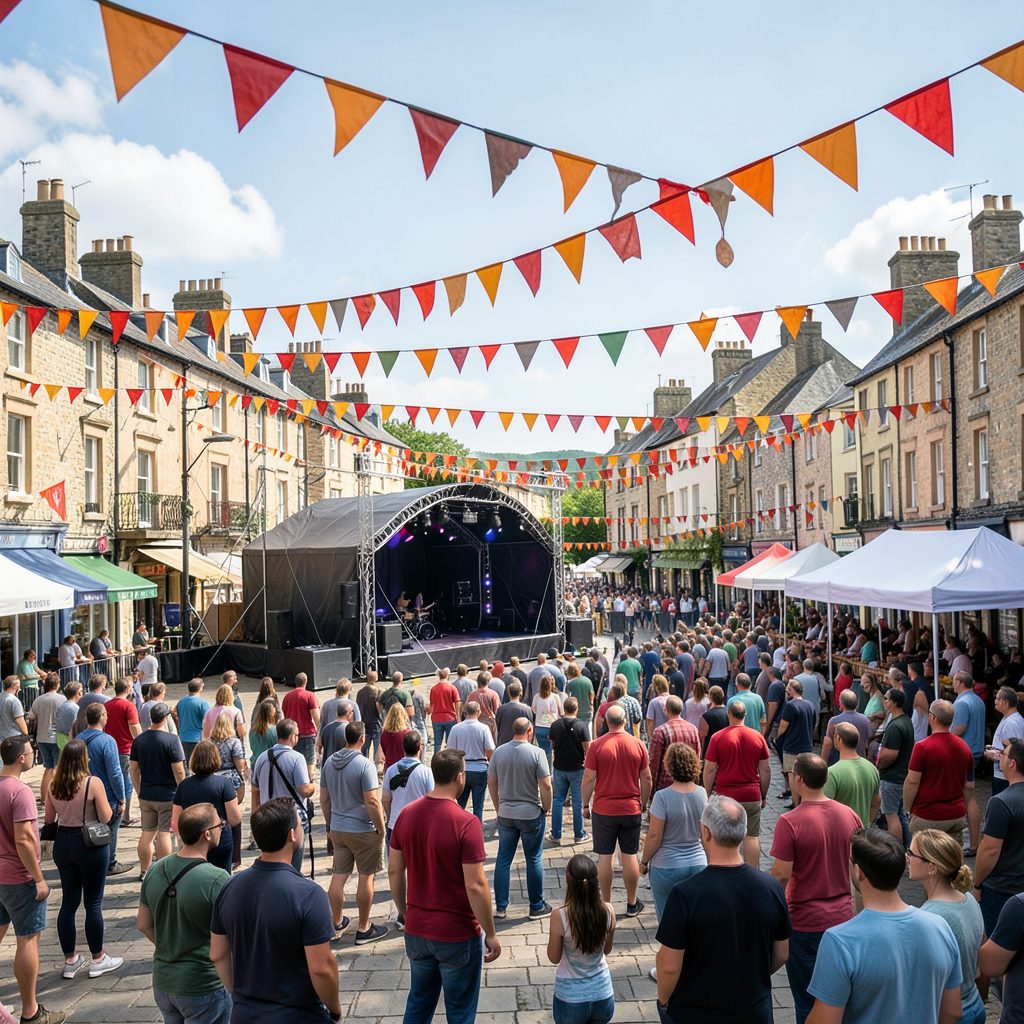 A bustling Irish town square filled with music festival stages, strings of bunting in warm reds and oranges, and crowds gathered under a bright August sky.