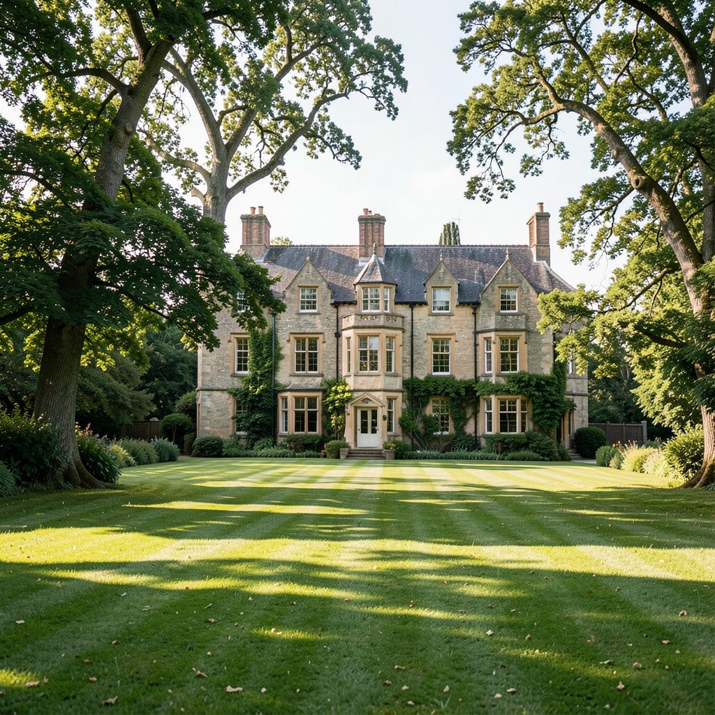 A stately Irish country house nestled among mature trees and green lawns, with soft afternoon light casting long shadows across the grounds.