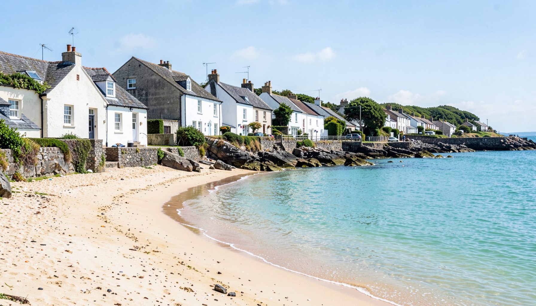 A quiet Irish coastal village with whitewashed cottages overlooking a sandy beach and calm turquoise water under a bright sky