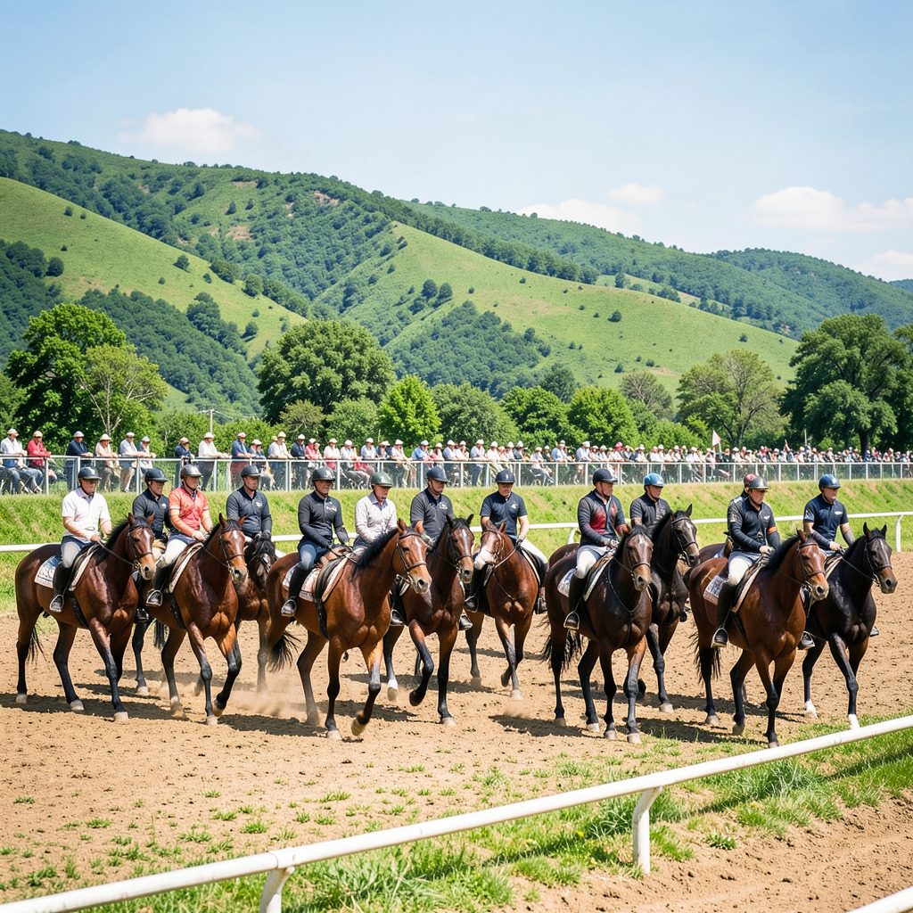 Horses and riders gathered at a rural racecourse, with green hills rising behind and spectators lining the rail under a bright, breezy sky.